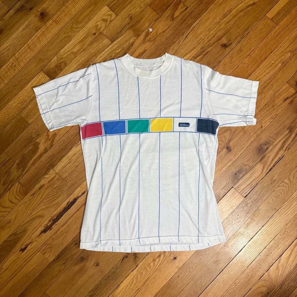 Vintage Wilson Striped Tennis T-Shirt Large White Multicolor Color Block